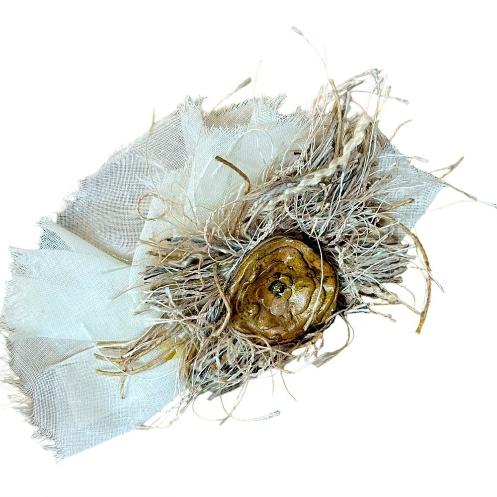Vintage LaBelle Artisan Textile with Ceramic Flower Brooch